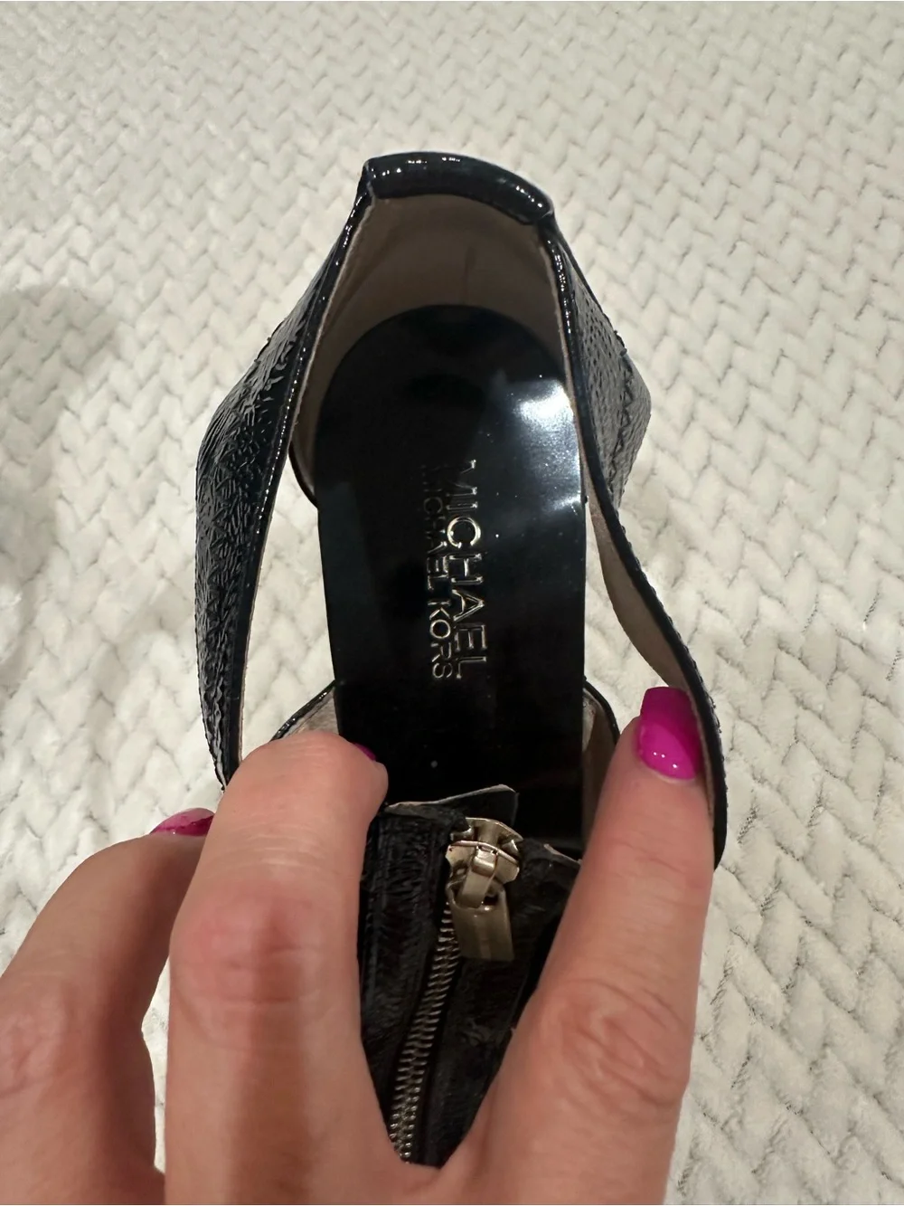 Michael Kors Black Patent Strappy High Heel Sandals with Front Zipper